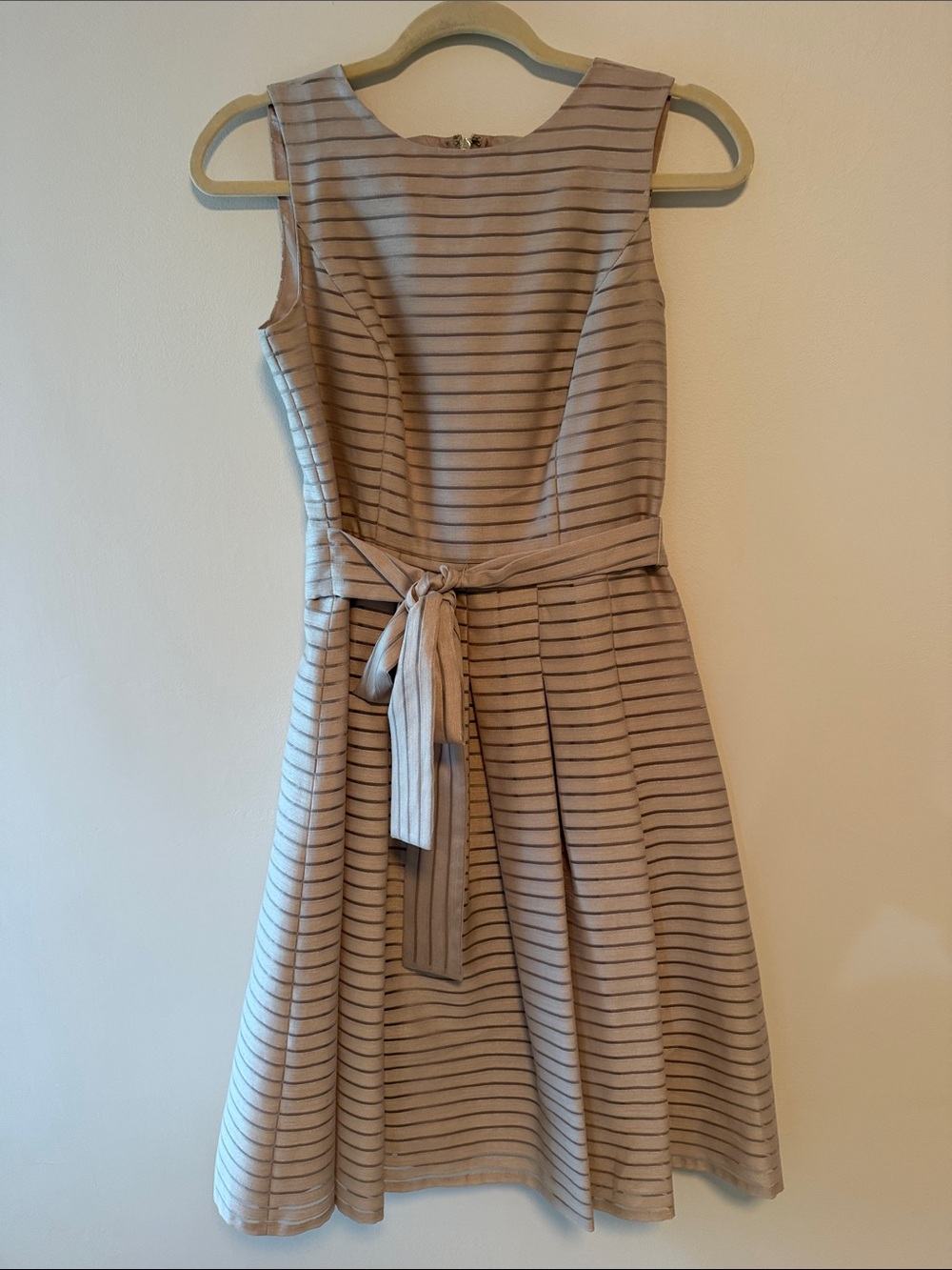 Sleeveless Beige Striped Fit-and-Flare Dress with Waist Tie